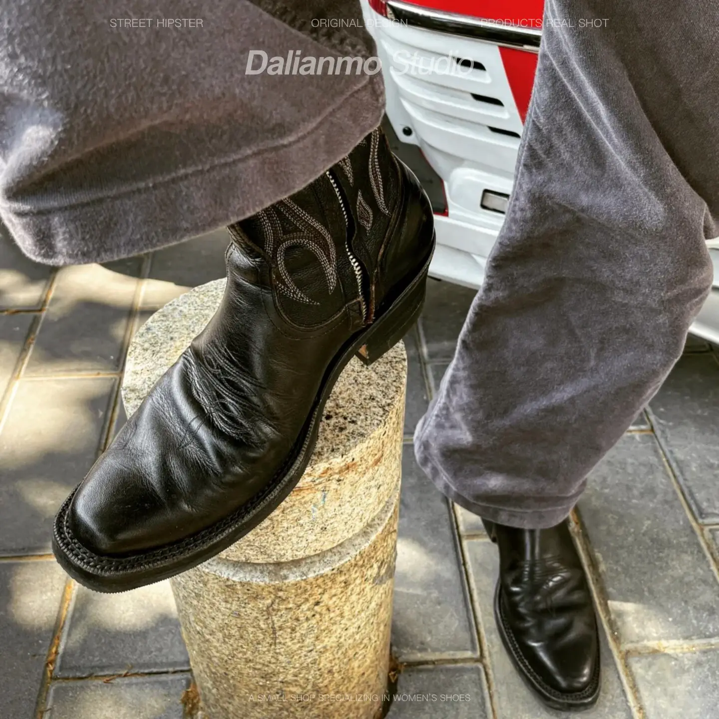 Black retro men's short boots, Yongsheng style embroidered Western cowboy boots, American motorcycle boots, Ami khaki R18 boots