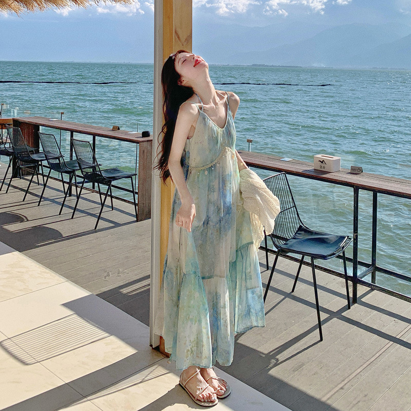 French-Style Stunning Gradient Dress Set for Women 2025 Summer New Beautiful Beach Vacation Style Spaghetti Strap Long Dress