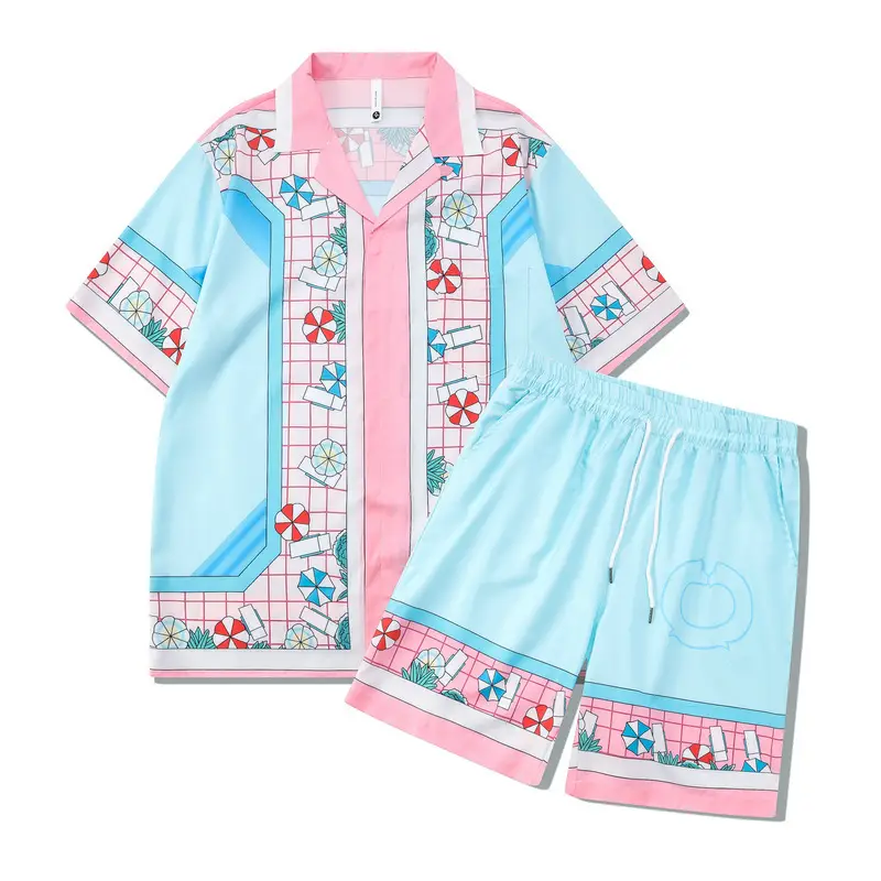 2024 European and American High Street Floral Shirt Suit Casa Cuban Collar Casual Shirt Cross-Border Short-Sleeved Shorts Matching Men