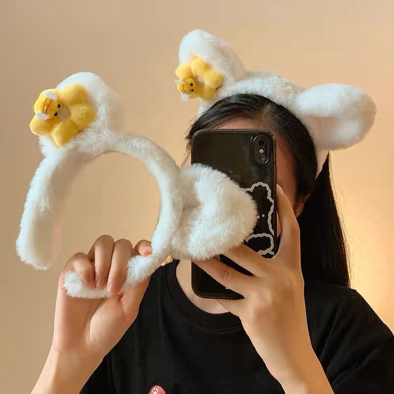 Cartoon Cat Ears Bee Plush Hair Band Women's Cute Wash Face Hair Card Cat Apply Mask Headband Hair Band Autumn and Winter