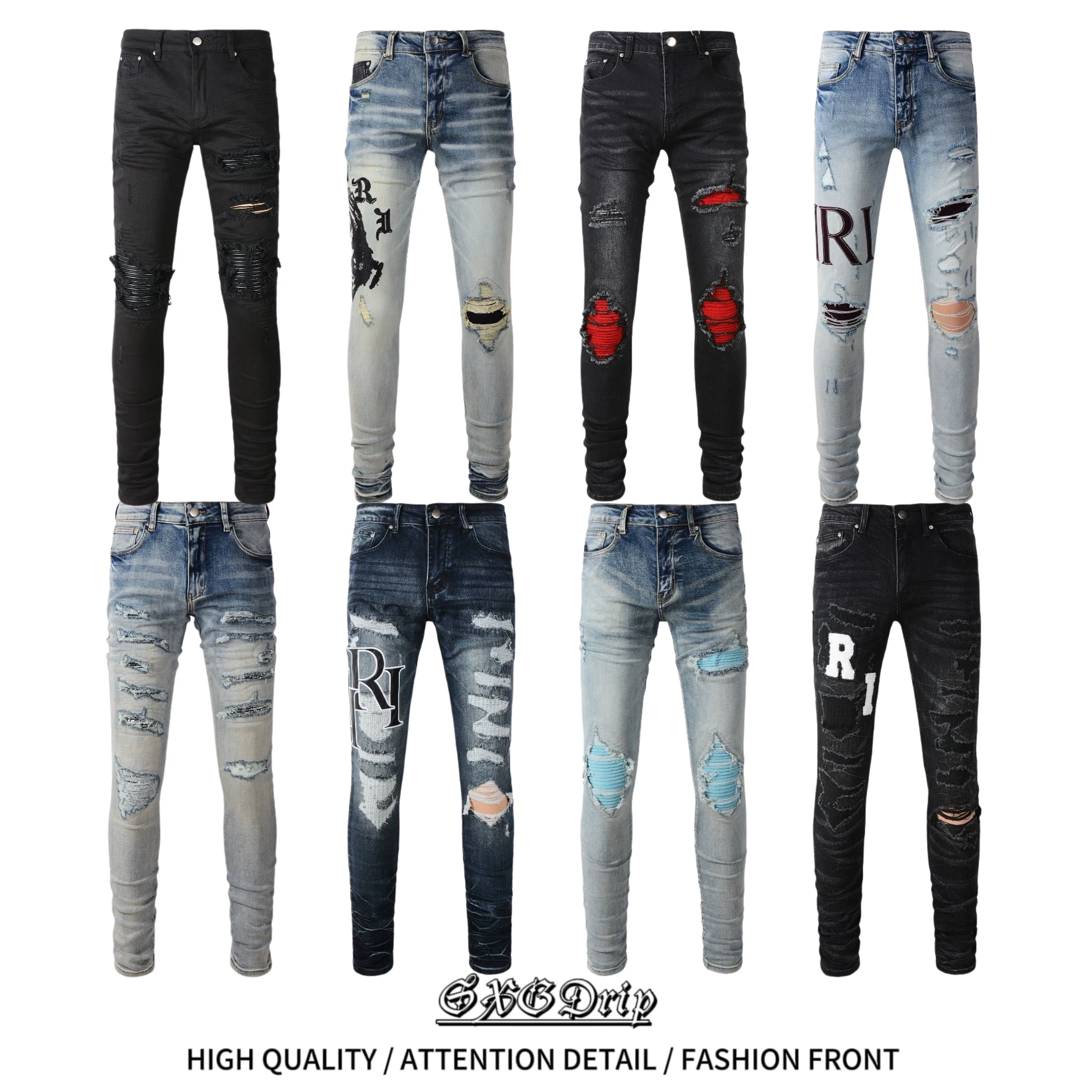 Designer Street Hip-Hop European and American Trendy Men's Stretch Slim Fit Skinny Jeans Biker Pants Drip Pants Long Pants