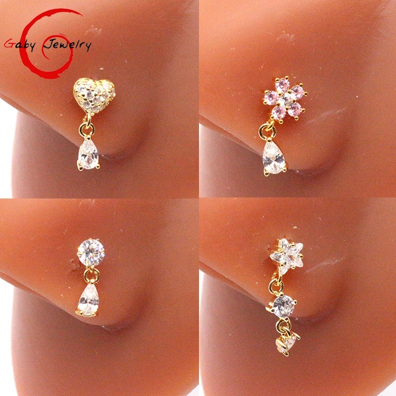 Gaby European and American Cross-border Heart-shaped Nose Nail Nose Ornaments Small Flower Water Drop Pendant Nose Ring Five-star Nose Nail Human Body Piercing Jewelry