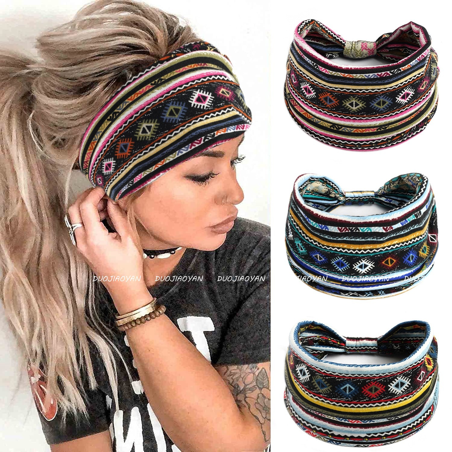 European and American Cross-Border Colorful Striped Headband Wide-Brimmed Printed Knotted Elastic Headband Retro Sports Yoga Headscarf for Women