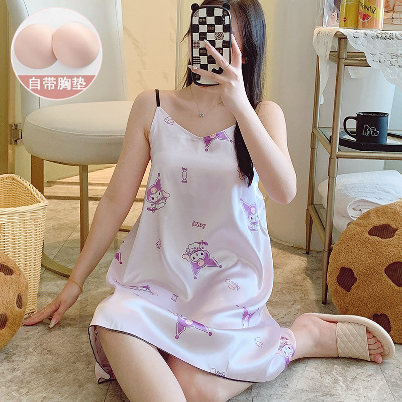 Women's Summer Mid-Length Dress with Breast Pads and Straps, Thin Purple Kuromi Home Wear, Cheap Wholesale
