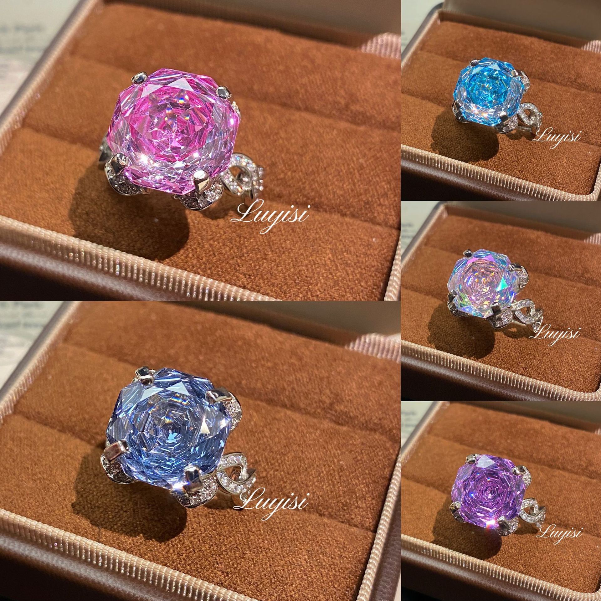 Super Heavy-Duty 15-Carat Octagonal Millennium Rose-Cut Ring Inlaid with High-Carbon Diamond Princess Anna Dazzling Green and Purple Women's Ring