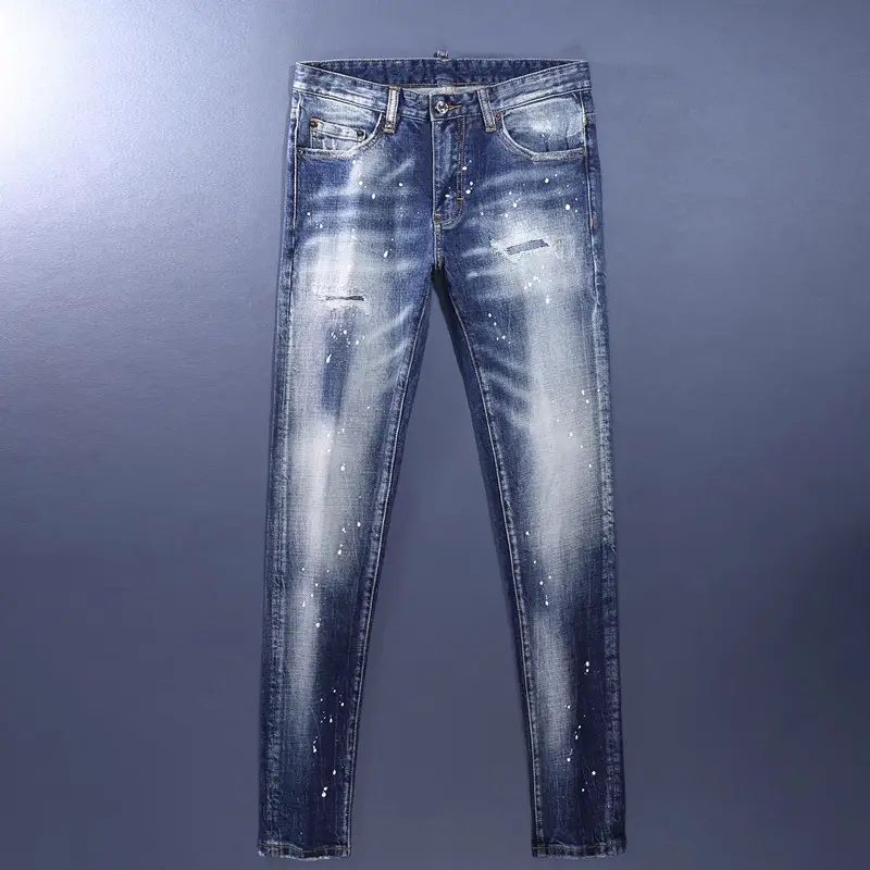 European and American Street Trendy Jeans Men's Vintage Washed Splash Ink Fashion All-match Trendy Brand Stretch Slim-fit Skinny Pants Men's