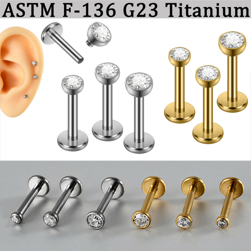Cross-Border G23 Titanium Round Zirconia Internal Thread Lip Piercing European and American Electroplated Titanium Body Ear Bone Piercing Cochlear Piercing Jewelry