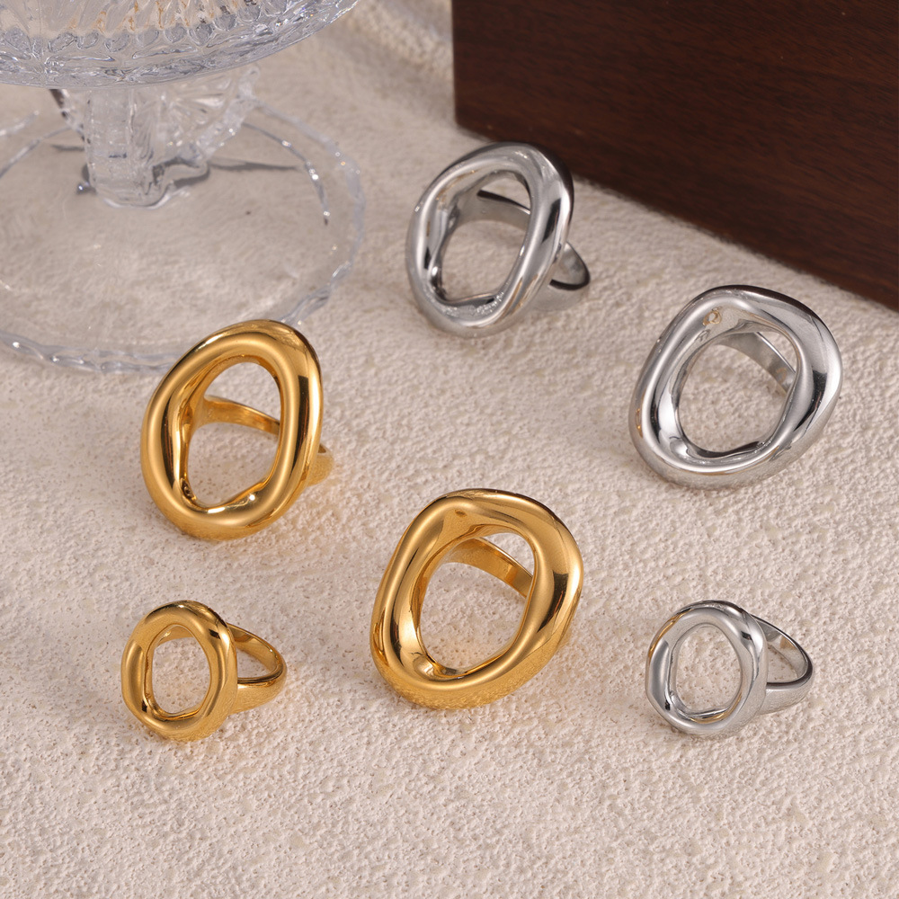INS South Korea Jewelry Minimalist Joker Ring Design Titanium Steel Plated 18k Gold Geometric Hollow Irregular Circle Ring