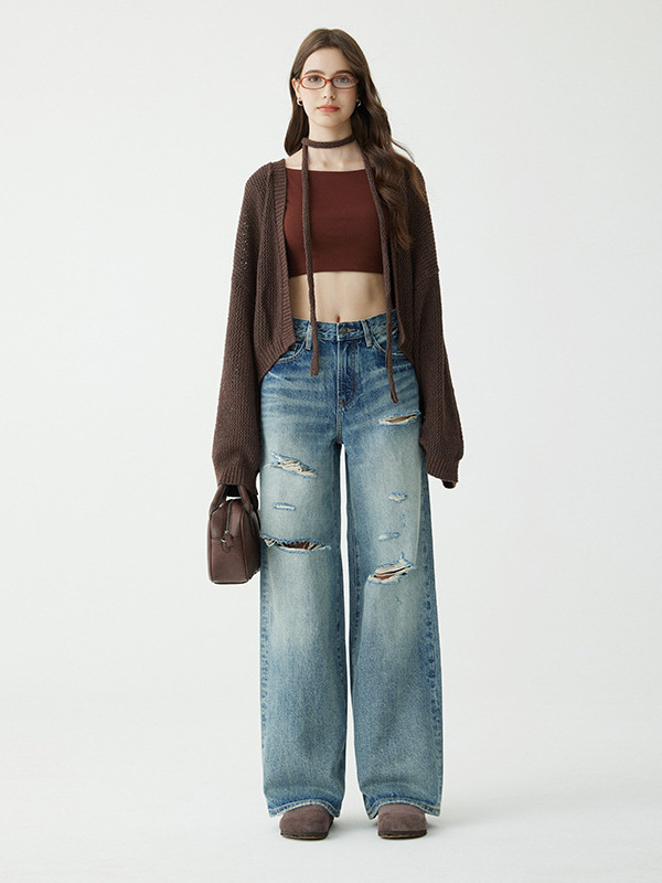 High-end Loose Jeans 2024 Autumn All-match Ripped Heavy Industry Washing Water Women's Mopping Pants High Waist Wide Leg Pants