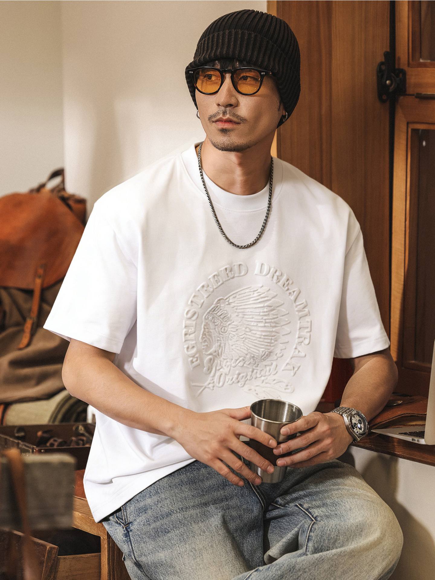 American Retro Heavyweight Bamboo Cotton T-Shirt for Men, Summer Short-Sleeve Trendy Brand with 3D Embossed Casual Loose Men's Top