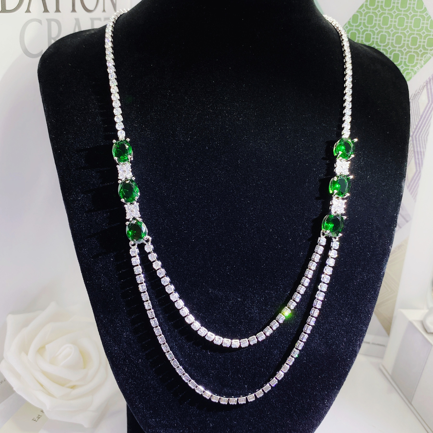 Full Diamond Micro-inlaid Long Claw Chain Imitation Natural Gem Color Treasure Necklace Luxury Banquet Engagement Double Layer sweater Chain Wholesale