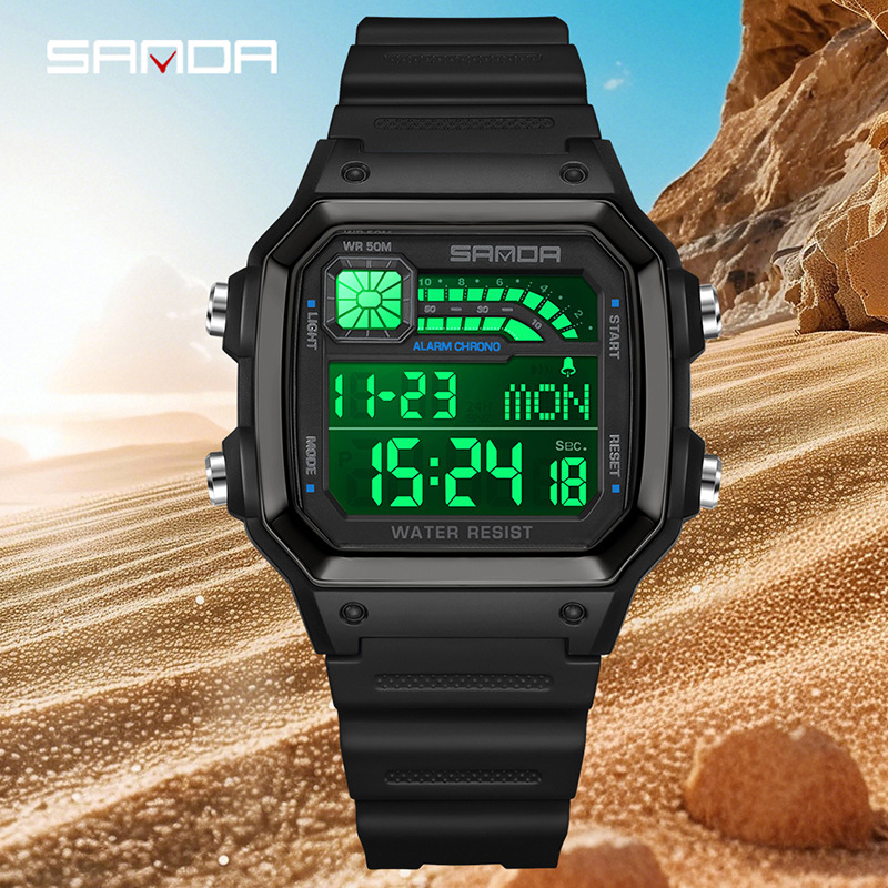 Sanda Live Broadcast Hot-Selling Student Simple Square Sports Watch Fashionable Multi-Functional Waterproof Alarm Single Display Electronic Watch