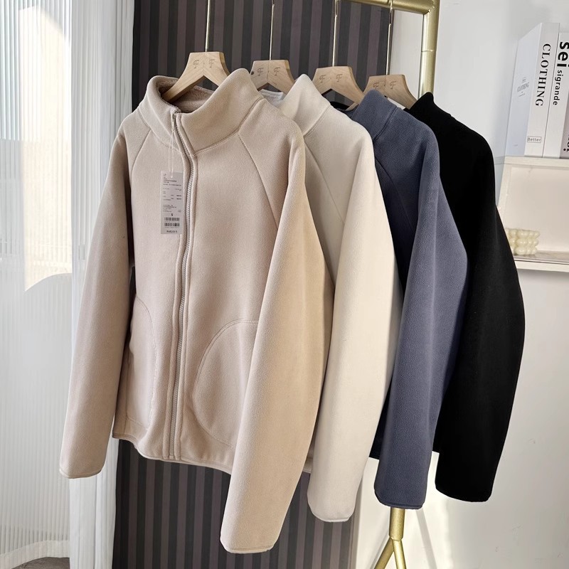 Island list! Upgraded version of the thickening! Couple's Double Layer Composite Polar Fleece fleece-lined Sweater Collar Women's Cardigan