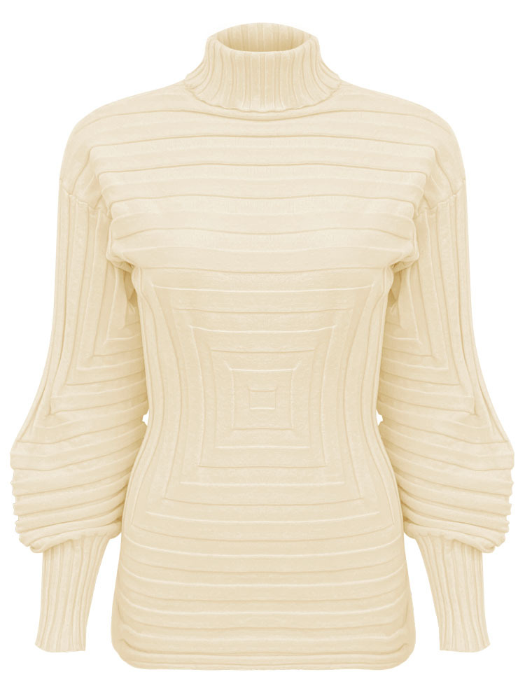 Miyake Diamond-Shaped Knit Sweater for Women 2026 New Style Lantern Sleeve High-Neck Warm Slim-Fit T-Shirt Solid Color Top