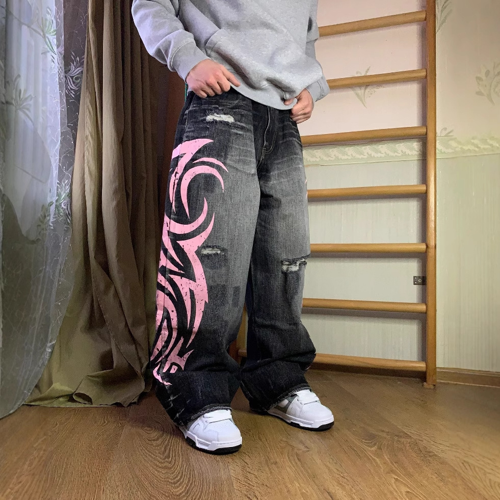 American-Style Vibe Printed Jeans, Unisex, High Street Design, Floor-Length Pants, Cross-Border