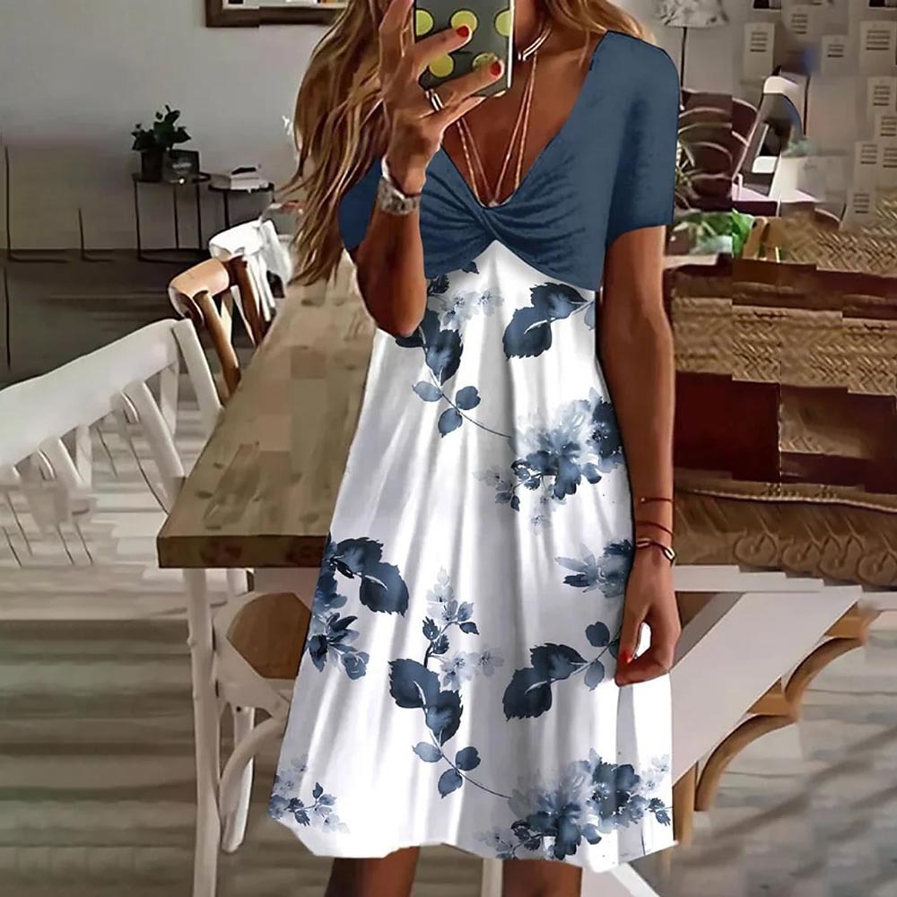 2023 Summer New ebay Independent Station European and American Printed V-neck Short Sleeve High Waist Stitching Large Swing Casual Dress