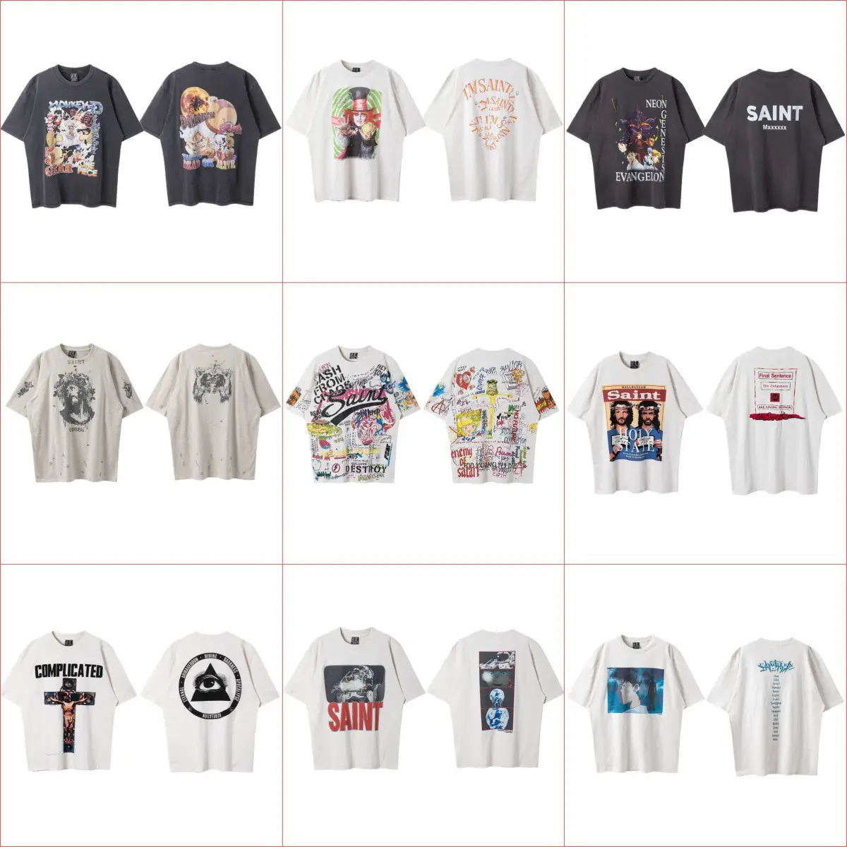 SAINT MICHAEL Summer New Vintage Washed Old Graffiti Letter Print Loose Men's and Women's Short Sleeve TEE
