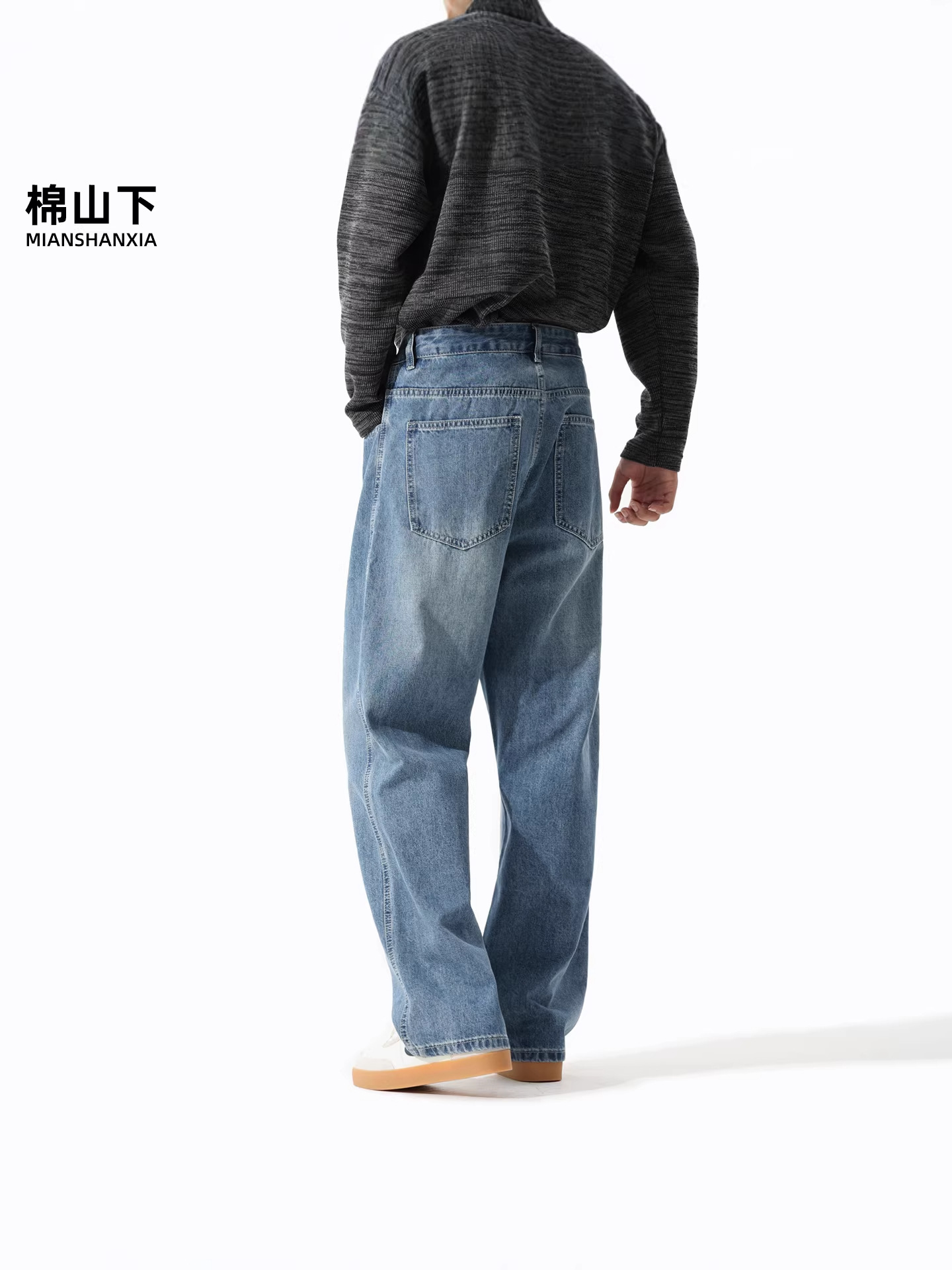 Cotton Mountain Winter Blue Jeans for Men, Loose Straight Wide-Leg Large Size Xintang Washed Casual Pants