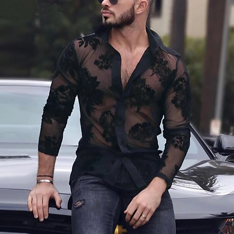 Cross-border Trade European and American Men's Breathable Lace Long Sleeve Mesh Shirt Transparent Fashion Party Sexy Mesh Shirt