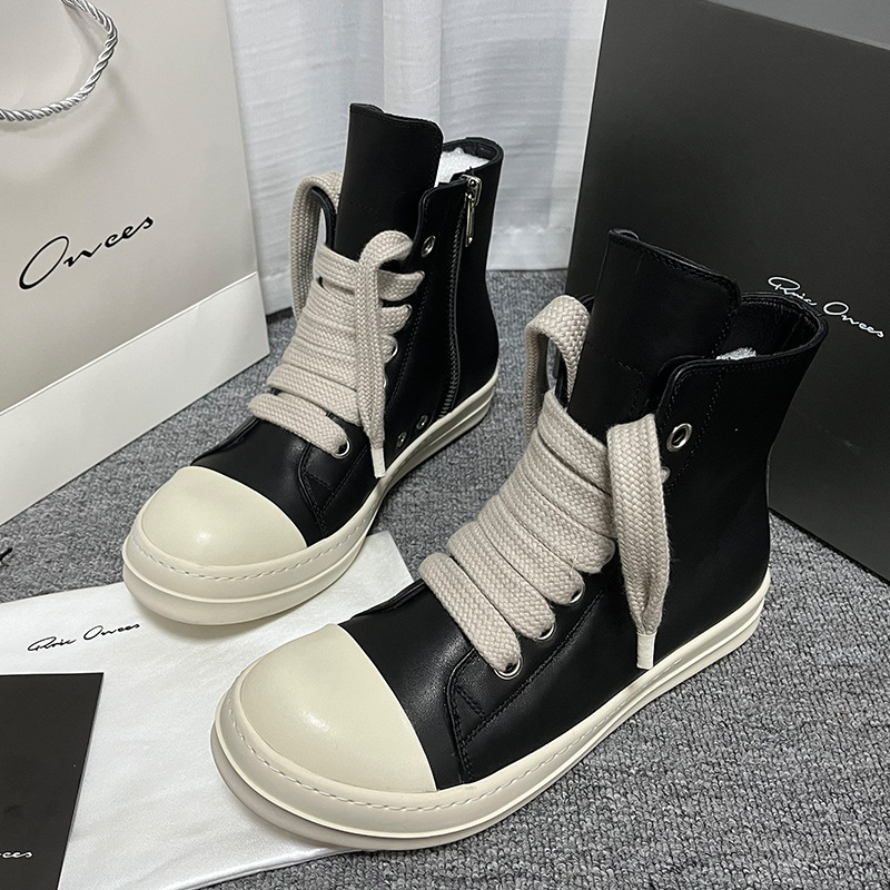 2024 New Summer High-Top Genuine Leather Casual Men's Shoes Zipper Round Toe Short Boots Lace-Up Couple Style Large Size Women's Shoes Sneakers