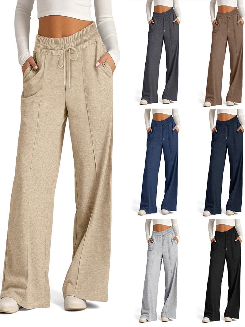 Cross-Border E-Commerce Amazon 2026 Autumn and Winter European and American Women's Lace-Up Solid Color Waist-Cinching Fashionable Wide-Leg Casual Trousers