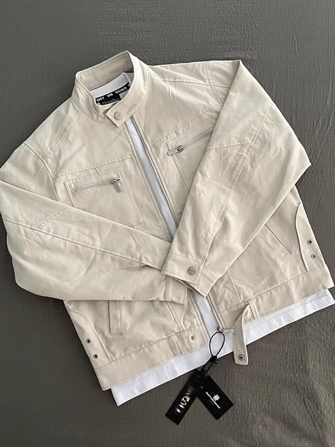 Gray and White Workwear Jacket for Men, Autumn Detroit American Retro Harrington Jacket, Cleanfit Stand Collar Top