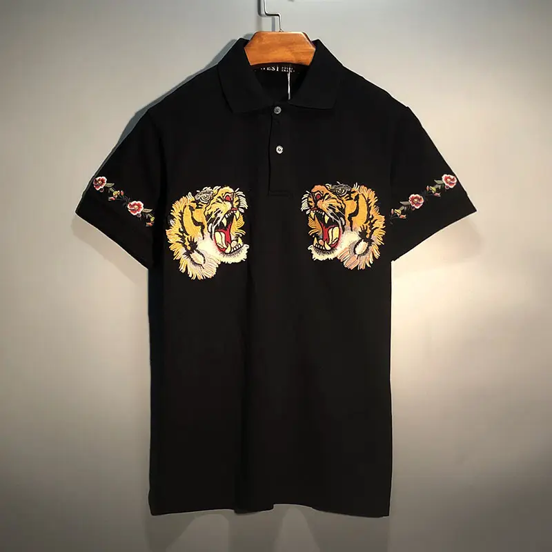 Europe and the United States tide brand embroidered tiger head flowers loose personality versatile trend polo shirt men's short-sleeved body shirt summer