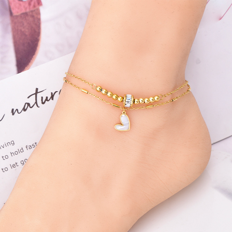 Fashion chattering Net Red jewelry zircon transfer beads double love anklet shell small gold beads titanium steel color retention