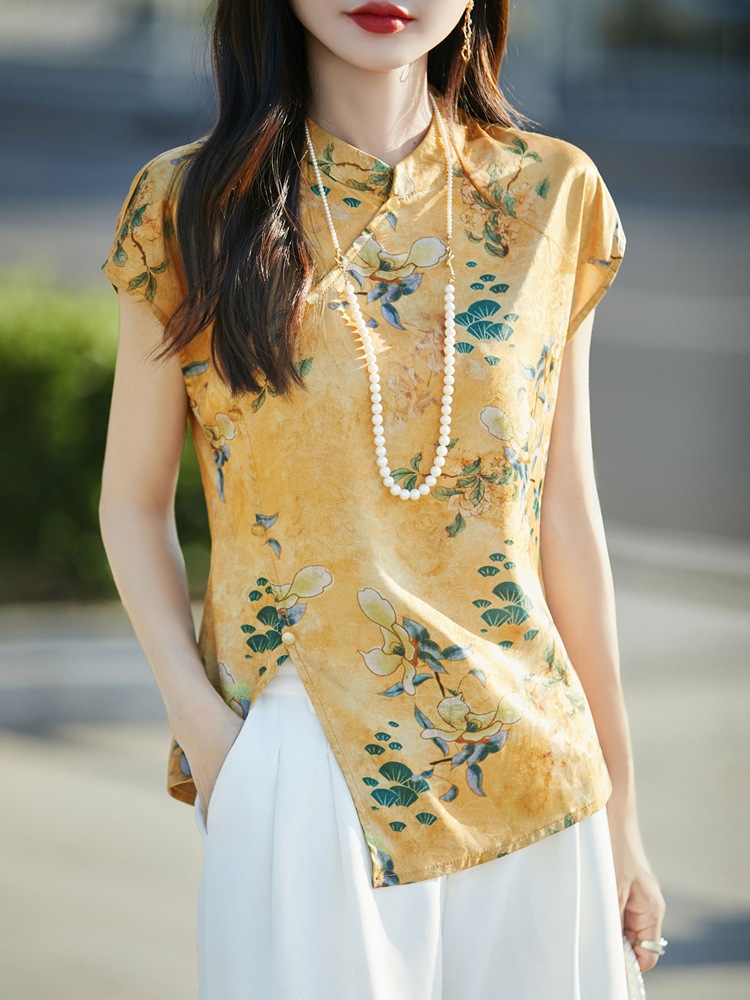 New Chinese-Style National Style Short-Sleeve Women's 2026 Summer New Improved Retro Stand-Collar Printed Slit Top Shirt T-Shirt