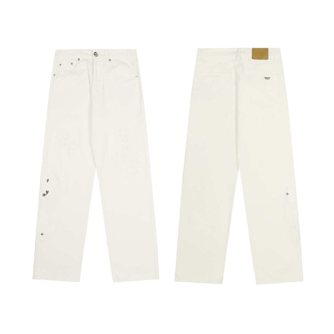 New Style White Embroidered Leather Washed Straight Jeans for Men