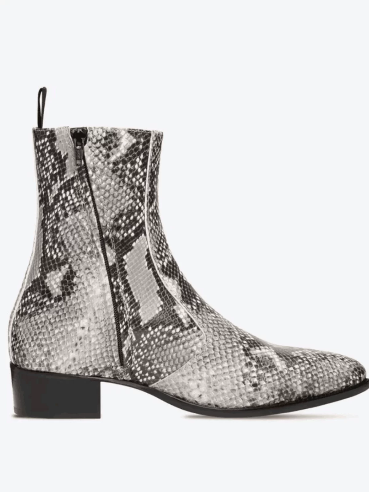 Chelsea Boots for Men, Stylish and Unique Pointed Toe 4cm High-Heeled Trendy Fashion Leather Printed Snake Pattern Zipper Martin Boots