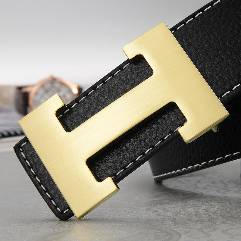 Men's Black Leather Belt with H Buckle