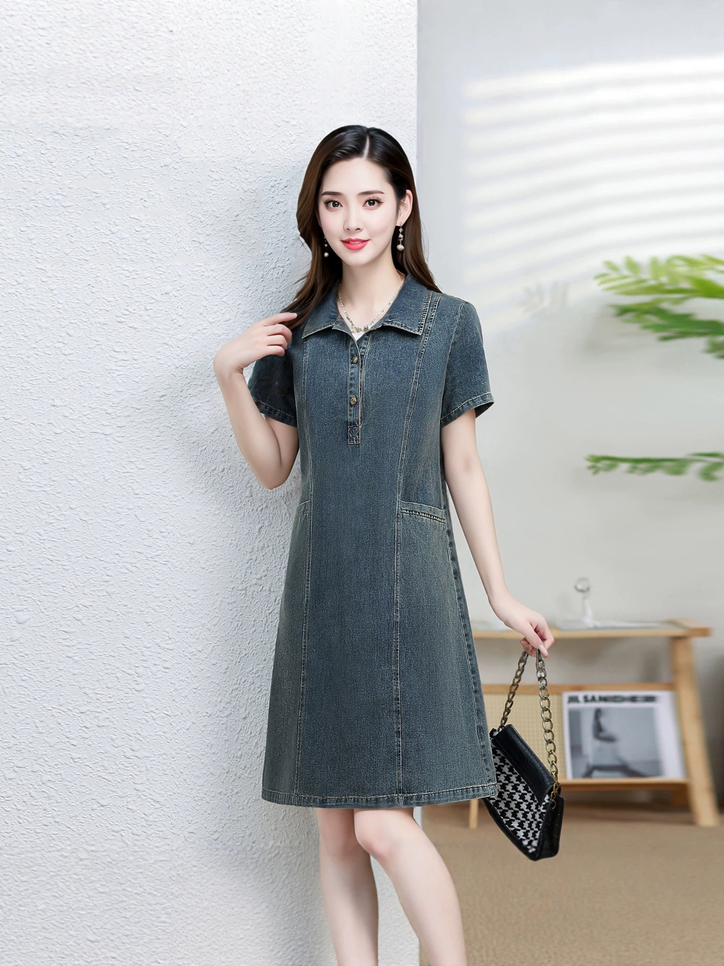 2026 Summer New Fashion Denim Dress for Women, Elegant Commuter Slim Fit Women's Clothing, Real Shot Polo Collar Dress