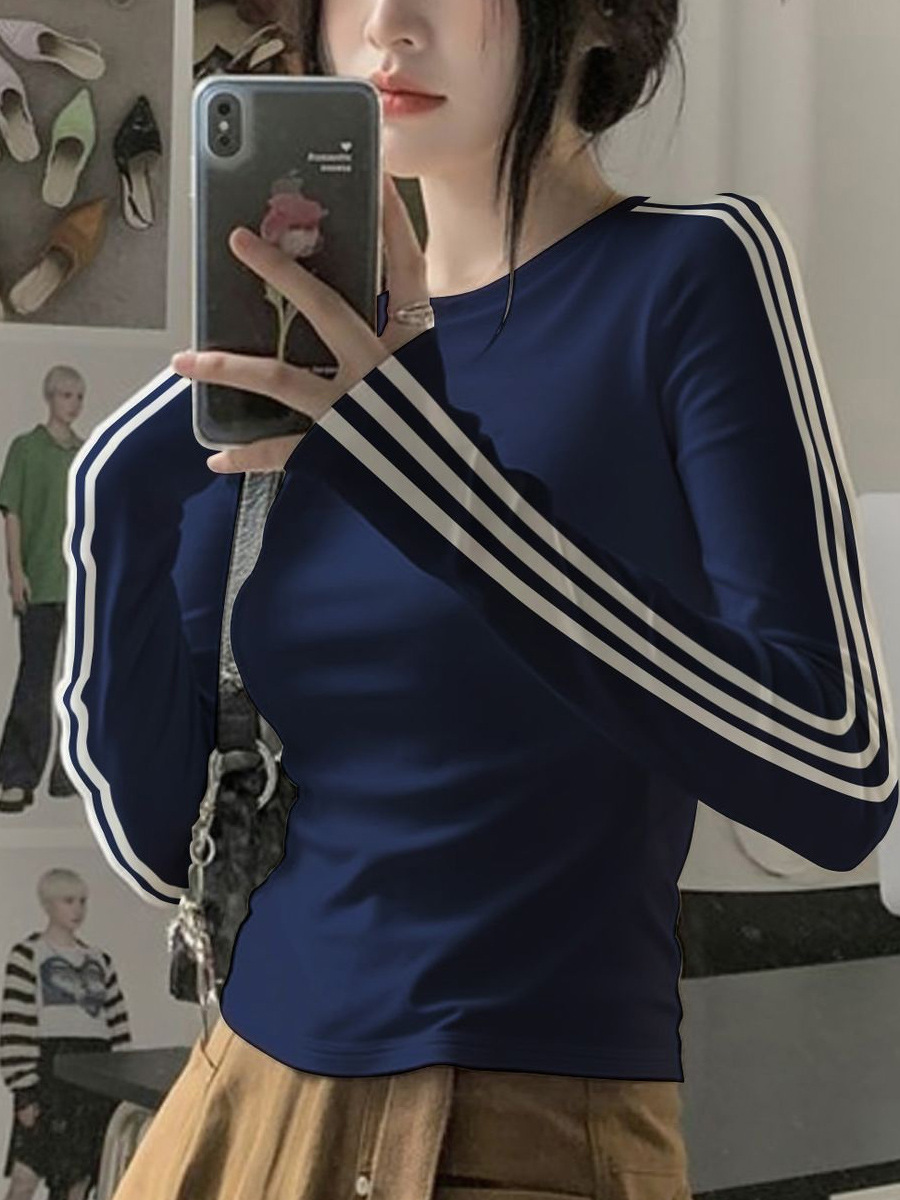 Cross-Border Ice Silk Ribbed 3-Stripe Long-Sleeve Shirt for Women, New Spring and Autumn Slim Fit Raglan Sleeve Base Shirt, Breathable Sports Top
