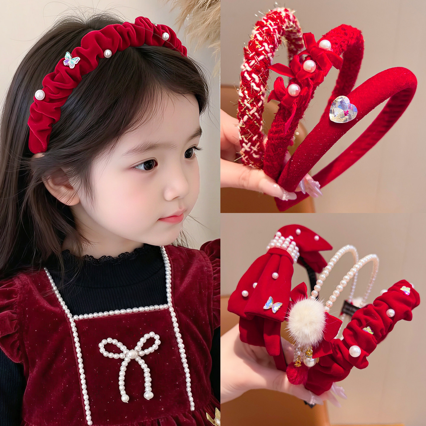 New Year Children's Hair Accessories for Girls, Non-Tightening Headbands, Velvet Bow Hair Clips, Pearl Pom-Poms, New Year's Eve Hairbands for the Year of the Horse
