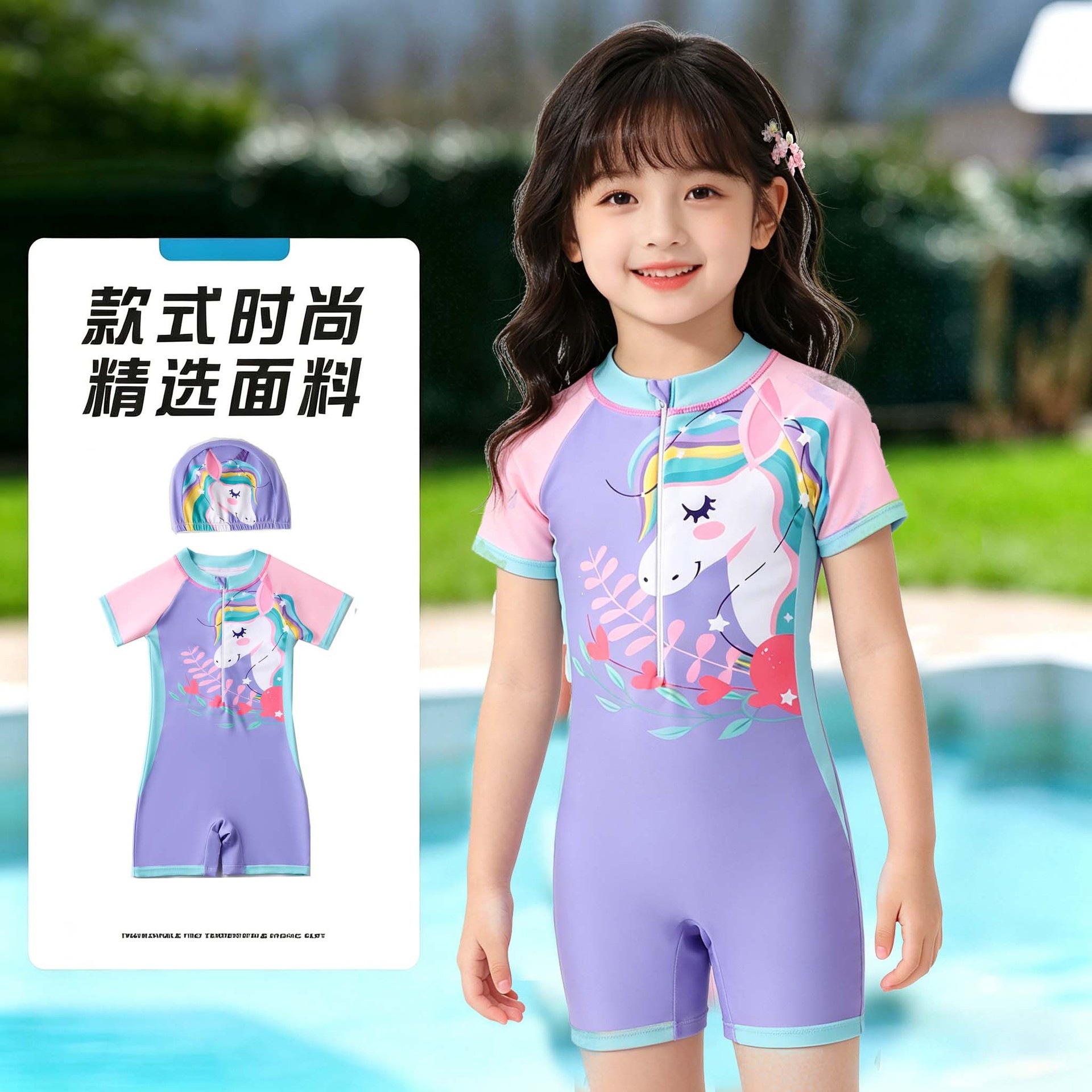 Cute Baby Swimsuit for Girls, Cartoon Boys' Swimwear Set, Large Children's One-Piece Swimsuit, High Elasticity, Hooded, Wholesale