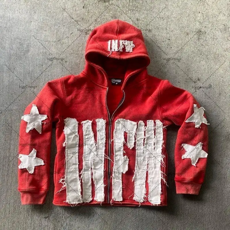 European and American wholesale cross-border hoodie patchwork letter star pattern long sleeved pullover hoodie loose vintage