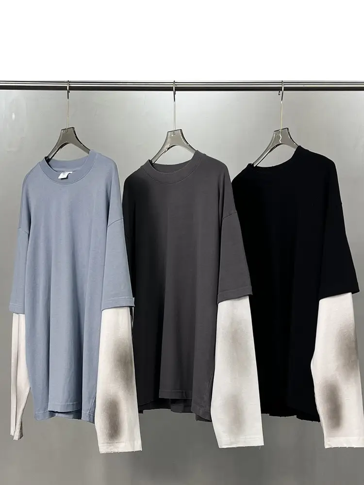 Wasteland Style Chic Fake Two-Piece Distressed Gradient Long-Sleeve T-Shirt for Men, Oversized Loose High-Street Design Top