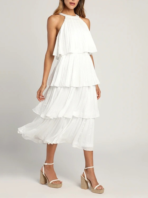 2026 Cross-Border Amazon Summer New Style Halter Neck Sleeveless High-End Chiffon Ruffle Elegant Dress