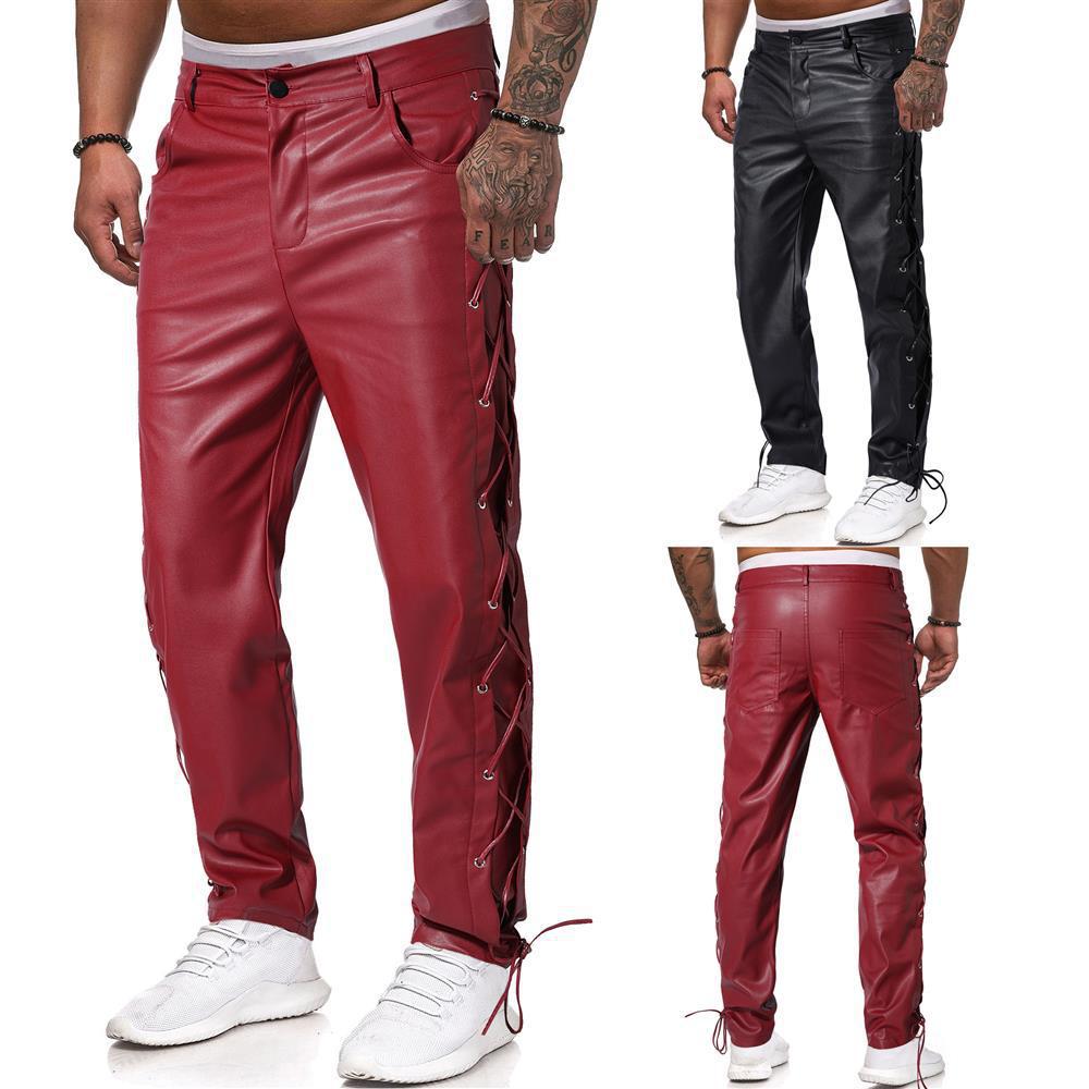 2024 Cross-border New Men's Leather Pants Amazon Hot Selling European and American Solid Color PU Strap Casual plus size Leather Pants for Men