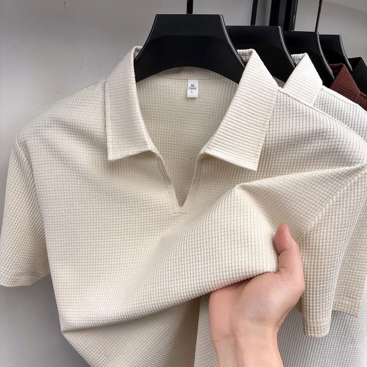 Scissor Collar Polo Shirt, Solid Color Short-Sleeved Turn-Down Collar Men's Fashion Summer New Casual Old Money Style Coarse Knit T-Shirt