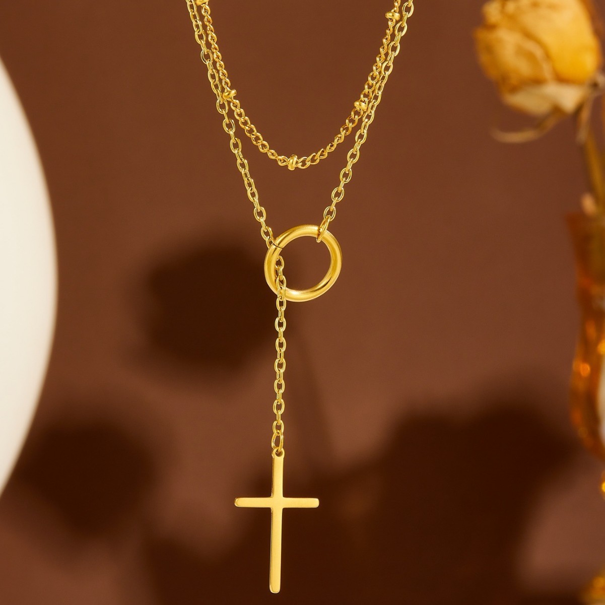European and American Cross-Border Fashion Jewelry Long Chain Tassel Cross Pendant Necklace Double-Layered Women's Clavicle Chain