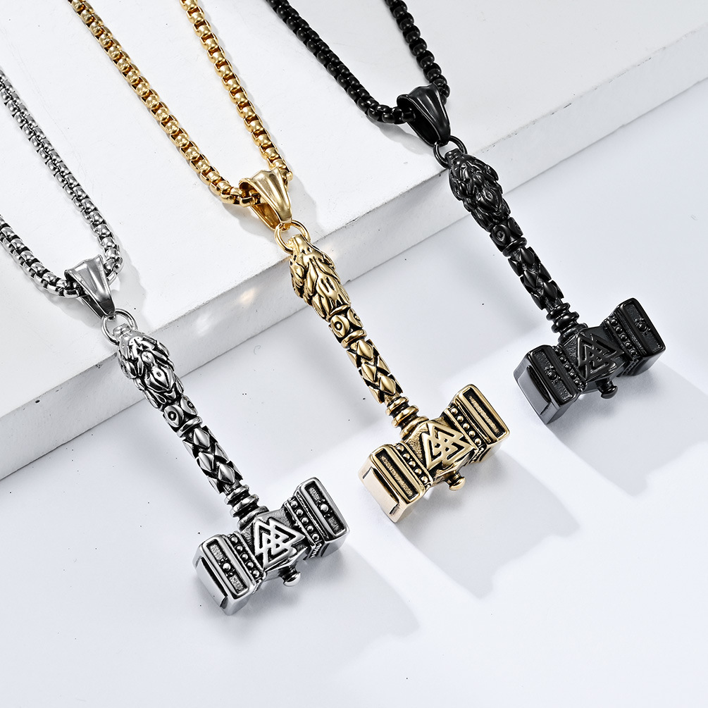 Amazon Nordic Viking aoding Thor's hammer titanium steel necklace retro personality men's stainless steel hanging pendant
