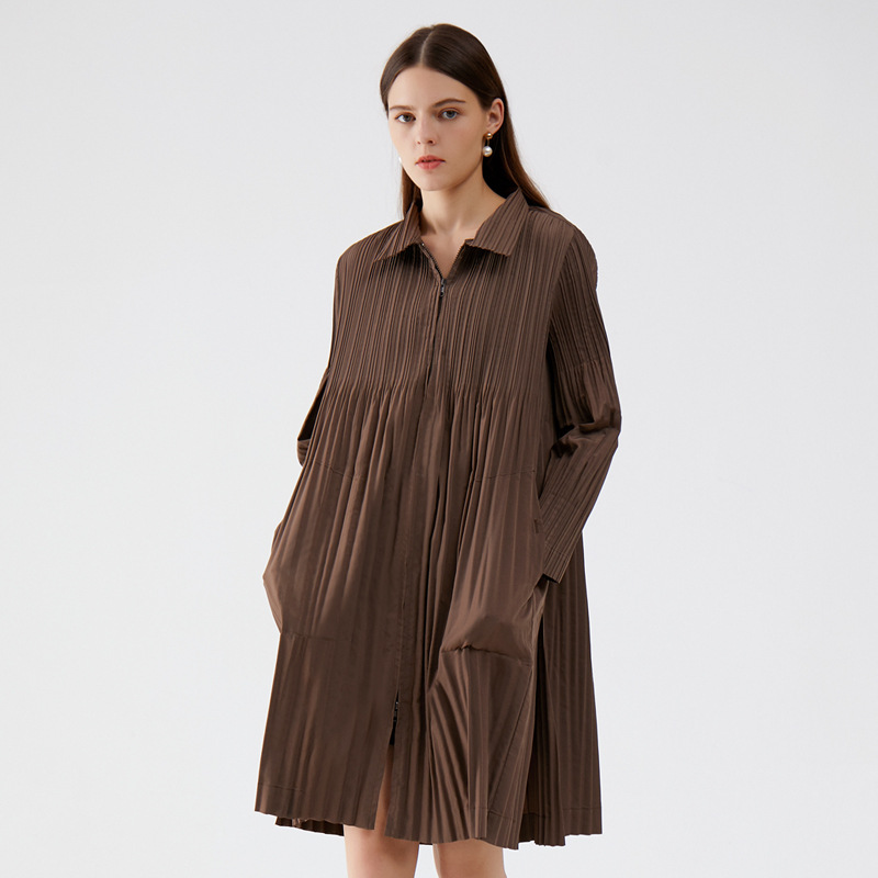 Miyake Zipper Trench Coat for Women, Mid-Length, 2026 Spring New Korean Style, Loose and Comfortable, Over-The-Knee Pleated Trench Coat Jacket