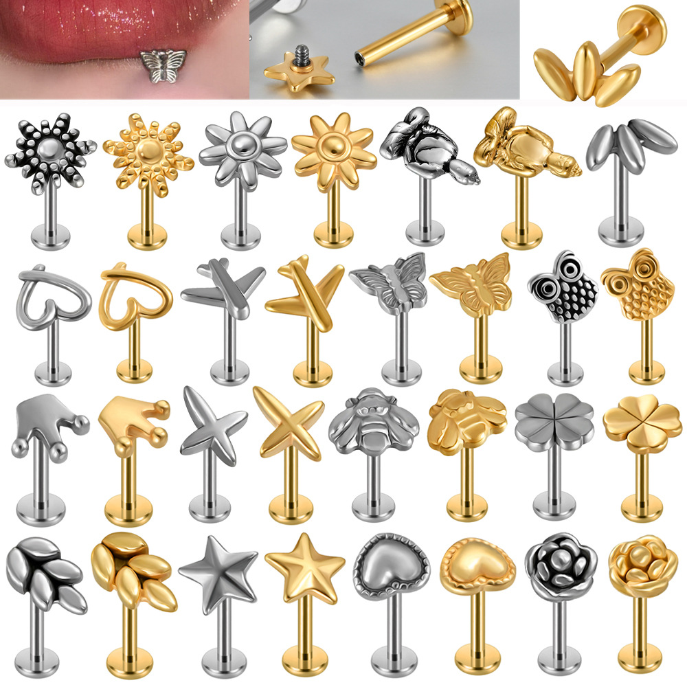 Cross-border Stainless Steel Butterfly Love Lip Nail Golden Electroplated Four-leaf Clover Star Inner Teeth T-shaped Lip Nail Puncture Earrings