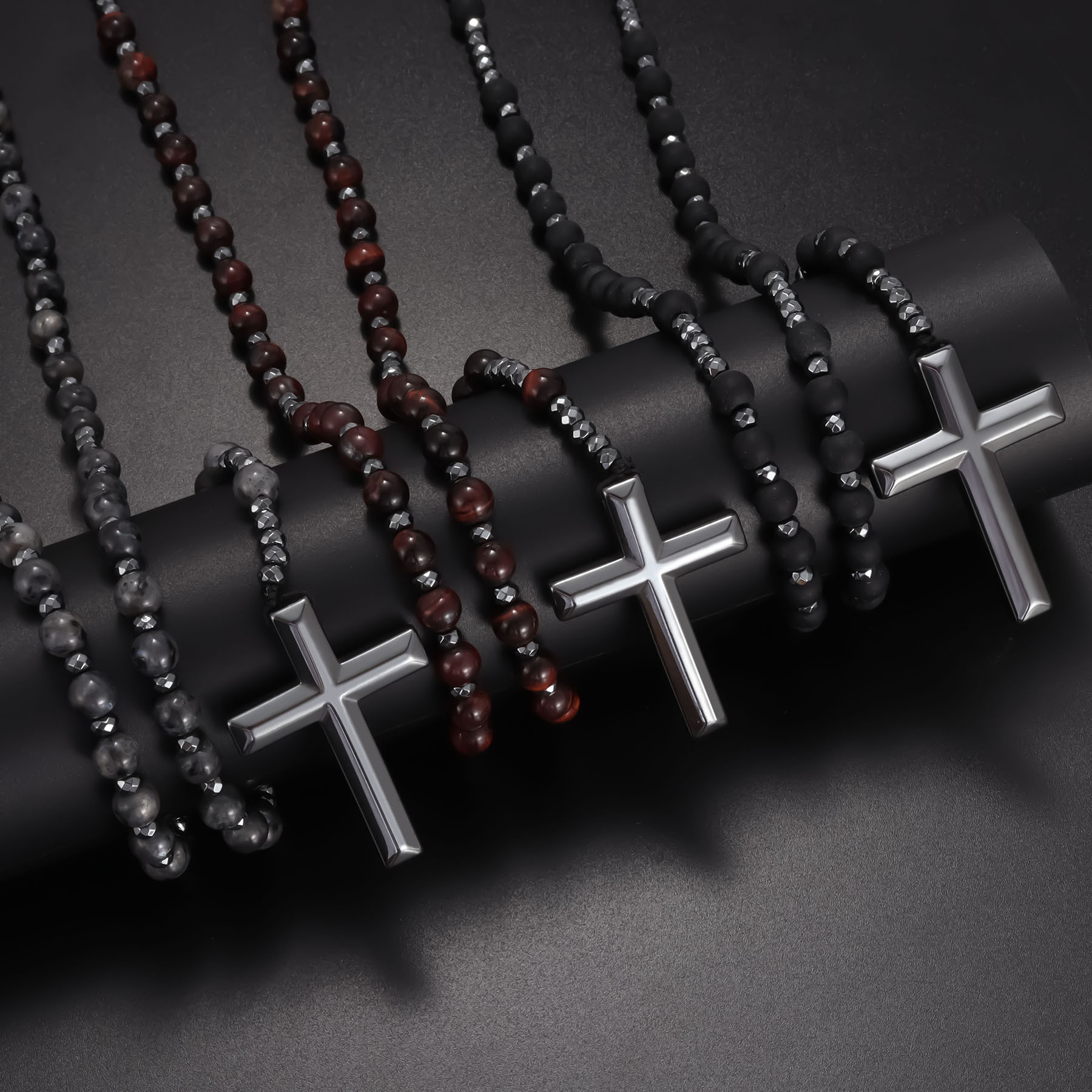 Cross-Border Hot-Selling Cross-Shaped Pendant Black Glitter Matte Imitation Agate Black Gallstone Tiger Eye Stone Necklace Sweater Chain Wholesale