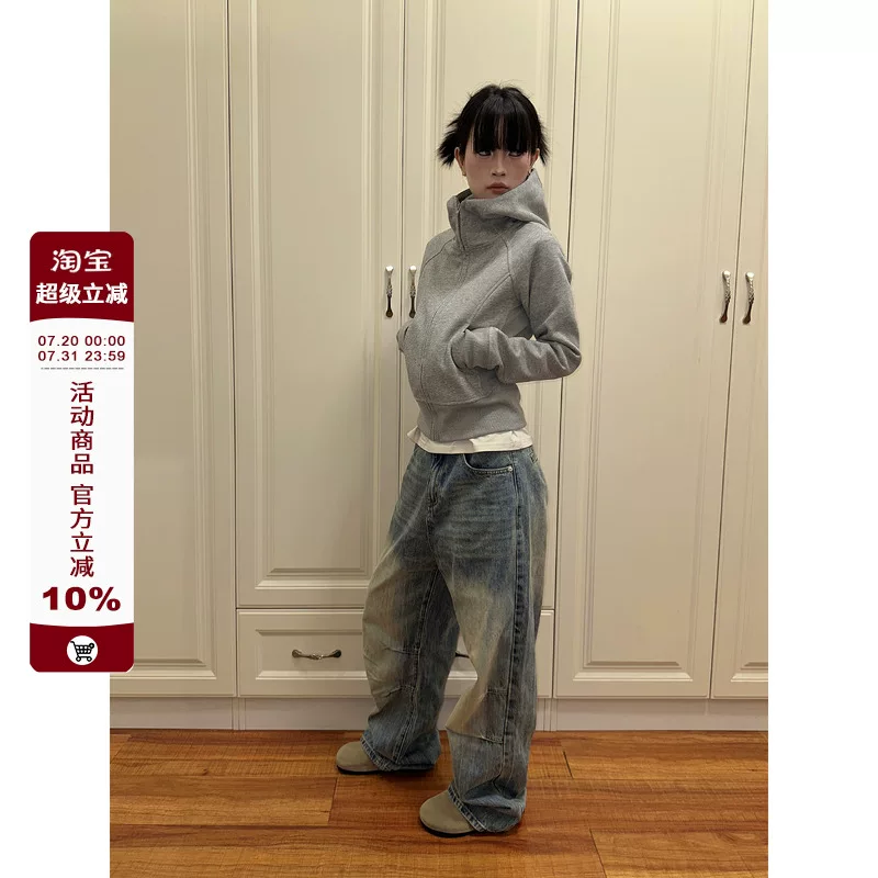 F383 2025 Grey Short Hooded Sports Shirt for Women's Early Autumn New Style, slim fit and slimming long sleeved American zipper jacket