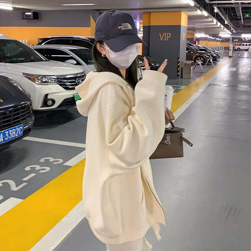 Hooded Zip-Up Cardigan Sweatshirt for Women, 2025 Autumn and Winter New Style, Fleece-Lined, Slimming, Jimo Korean Style, Loose Top Jacket
