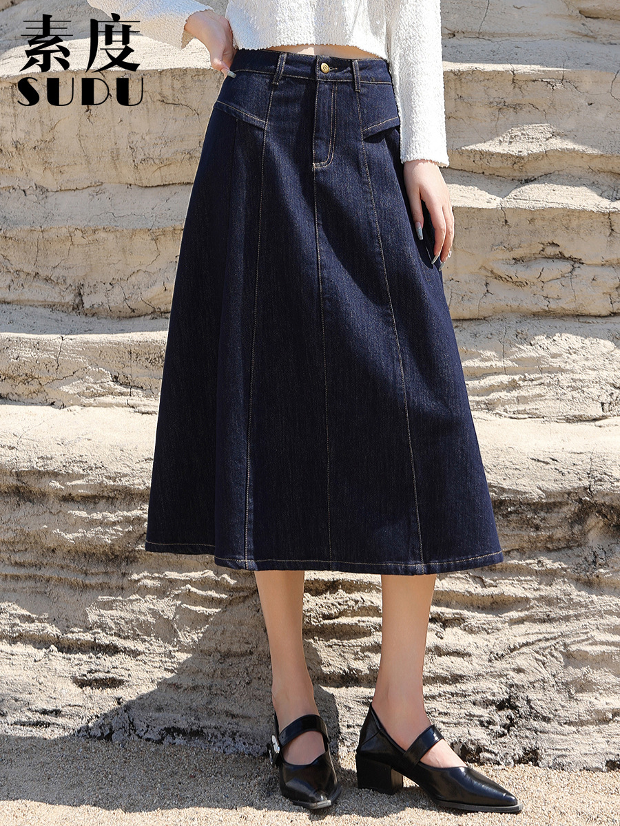 Plain New Fashion Retro Anti-fade dark blue Denim Skirt Slim-fit Loose Pleated Midi Large Swing Skirt
