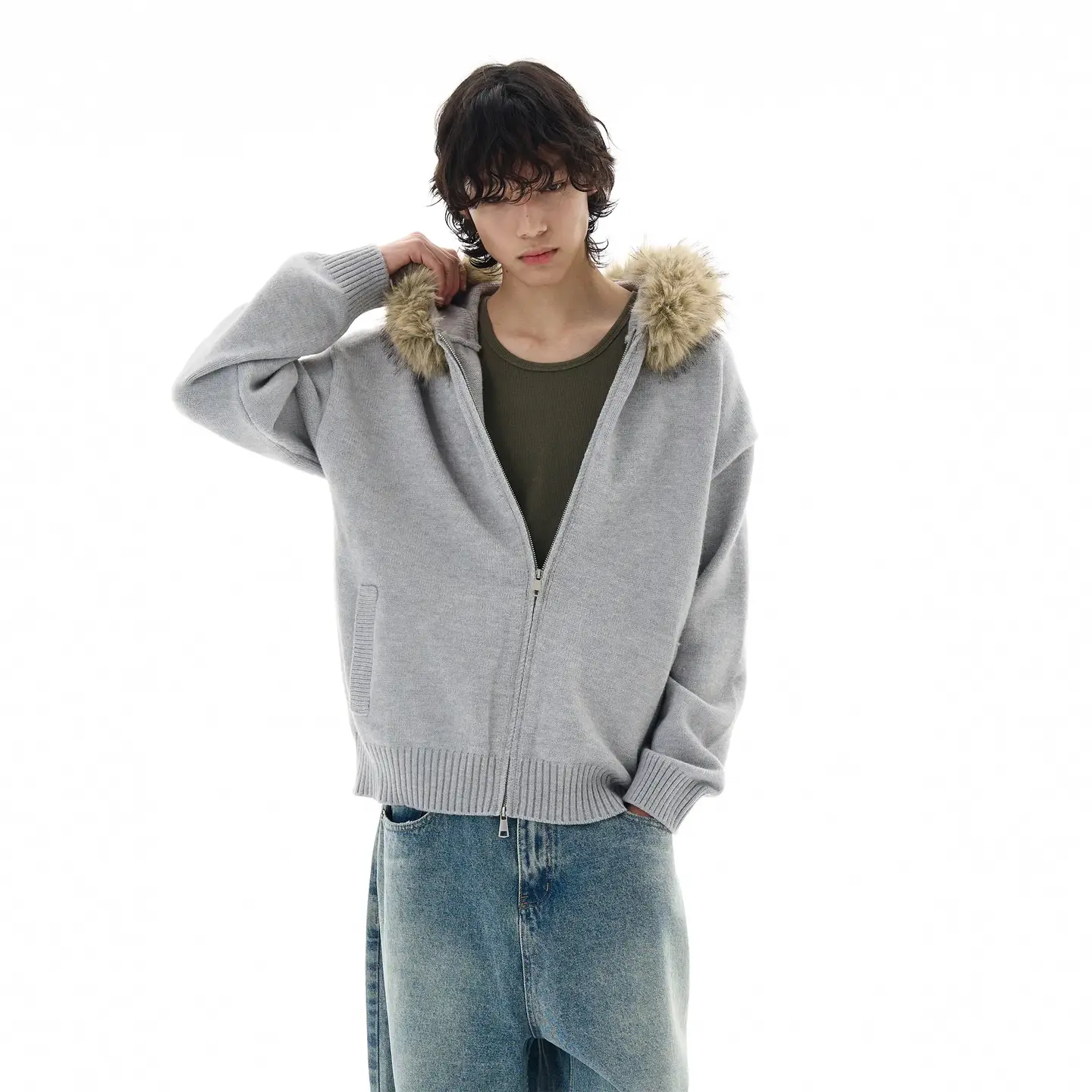 Tailang's Shop Autumn and Winter American-Style Zip-Up Cardigan Sweater for Men, Casual High-End Knitwear with Fur Collar, Trendy Couple's Jacket